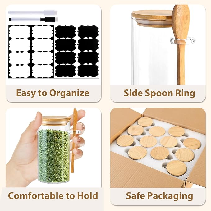 TBWIND 12 Pack 10 oz Round Glass Spice Jars with Lids and Spoons – Airtight Small Spice Containers Set with Labels, Clear Glass Storage Jars for Seasoning, Spices, Kitchen Pantry Organization