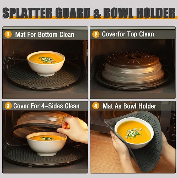12"&10" Microwave food Cover and Mat,Large Vented Collapsible Splatter Guard dish Plate lid & Silicone Round Kitchen mat,4 in 1