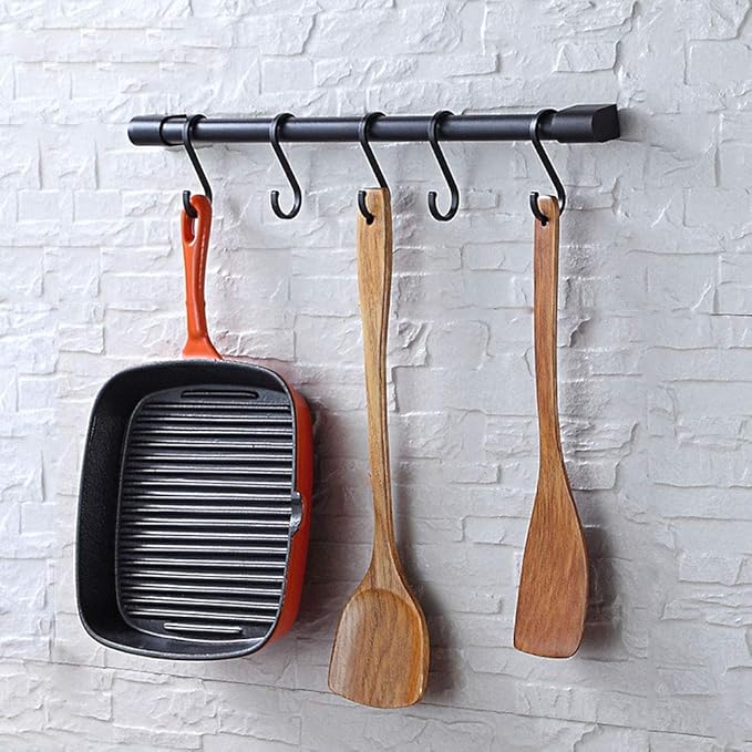 KAIYING Kitchen Utensil Rack with Removable S Hook for Hanging Pots and Pans, Rod Hooks for Mugs, Wall Mounted Kitchen Rail Organizer, Aluminum,(Black-5 Hooks)