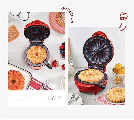 Cake Maker Machine for Lava Cake, Mini Donuts, Waffles, Pancakes - Breakfast, Snacks, Desserts - Non-stick Surface, Double-sided Heating, Red