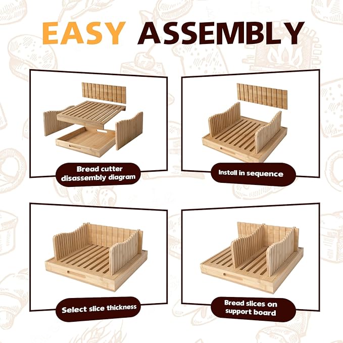 Foldable Bamboo Bread Slicer Tray with Crumb Collector & Adjustable Guide - for Perfectly Even Slices of Homemade, Sourdough & Sandwich Bread (Knife Not Included)