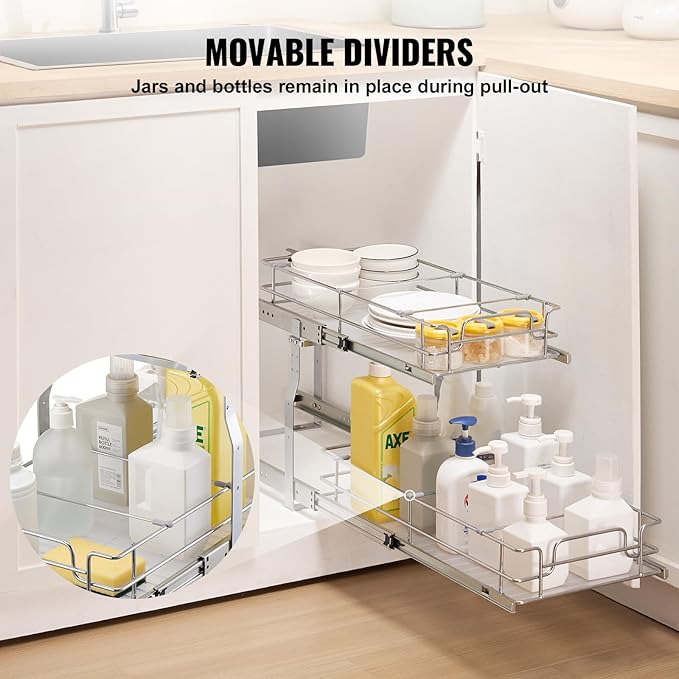 VEVOR Pull Out Cabinet Organizer, 12"W x 21"Dx15.2"H Heavy Duty Slide Out Pantry Shelves, Chrome-Plated Steel Roll Out Drawers for Home,13.5"Wx22"Dx19"H Inside Kitchen Cabinet, Bathroom, Under Sink