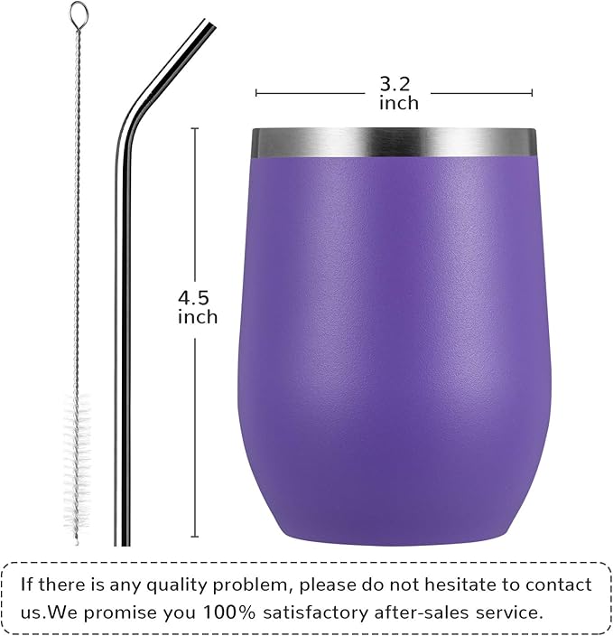 MEWAY 12oz/4 Pack Wine Tumbler Glasses with Lid - Stemless Double Wall Vacuum Stainless Steel Travel Tumbler - Keeping Cold & Hot for Wine,Coffee,Cocktails,Drinks-Family and Gifts (Purple,Set of 4)
