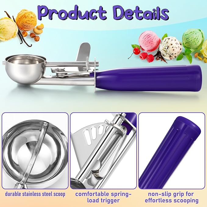 Reallnaive 4 Pcs Release Cookie Scoops Ice Cream Scooper with Trigger Release Portion Scoop Stainless Steel for Portion Control, Baking Food, Cookie Dough (0.75 oz,Purple)