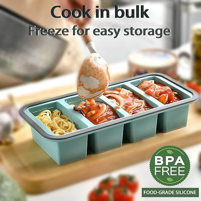 1/2 Cup Silicone Freezer Molds for Soup Ice Cubes, 4 Cavity Freezer Tray with Lid for Food, Homemade Large Ice Cube、Frozen Broth、Leftovers and Meal Prep - Set of 2