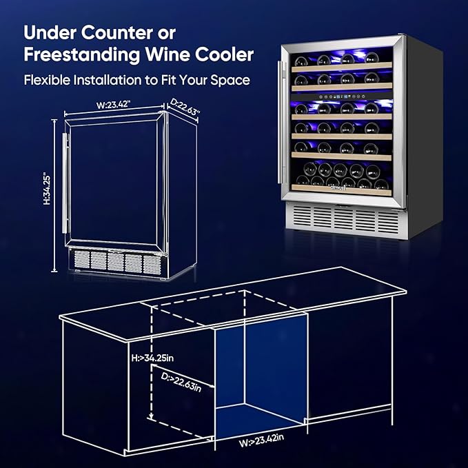 ORYMUSE 24 Inch Wine Cooler Refrigerator, 46 Bottle Dual Zone Wine Fridge with Stainless Steel Glass Door, Adjustable Shelves, Upgraded Compressor, Built-In Freestanding for Home, Bar, Kitchen