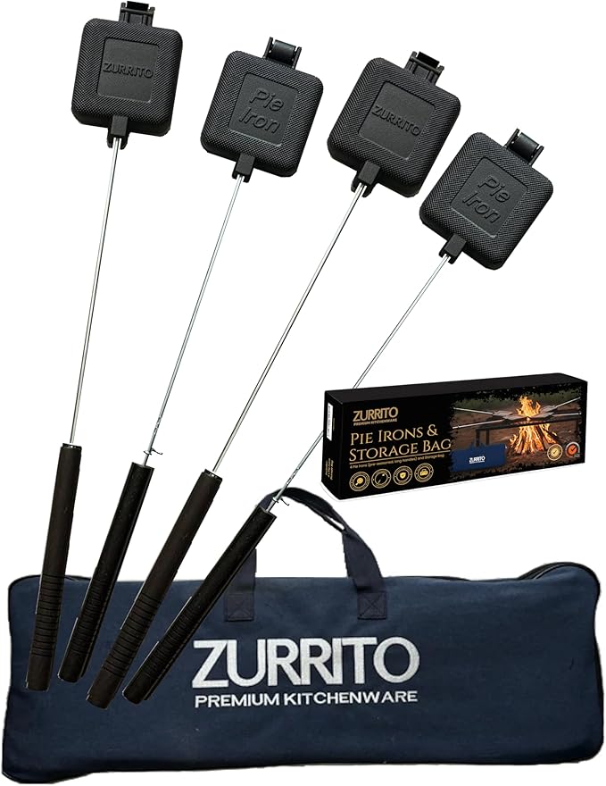 4x Campfire Pie Iron (28inches Long) Storage Bag Bundle Set, Cast Iron Pie Pan, Mountain Pie Maker, Cast Iron Sandwich Maker, Pie Iron for Camping, Campfire Sandwich Maker
