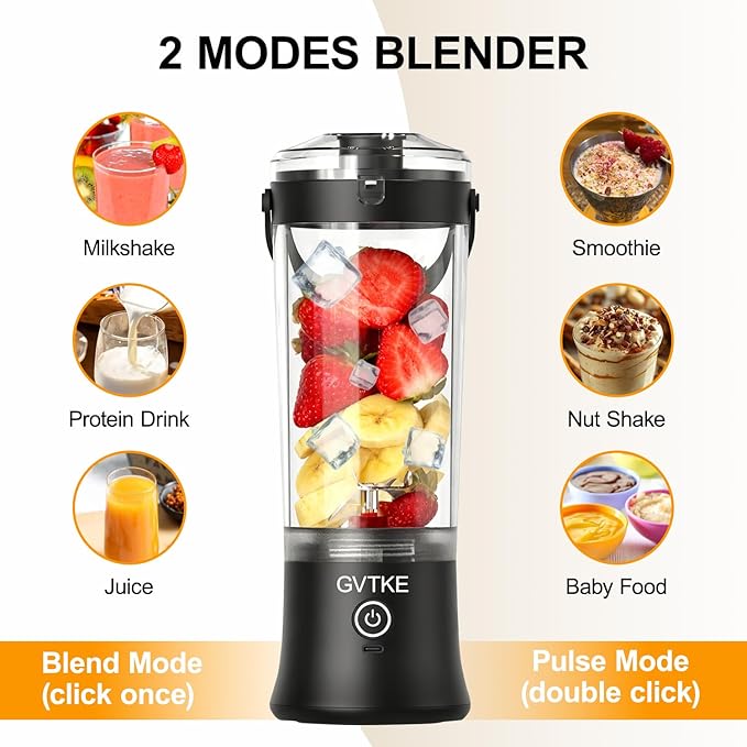 Portable Blender Dual Mode 18000RPM 20Oz Blending Cup Ice Crushing Smoothie Frozen Fruit Mini Home Gym Travel(Black)