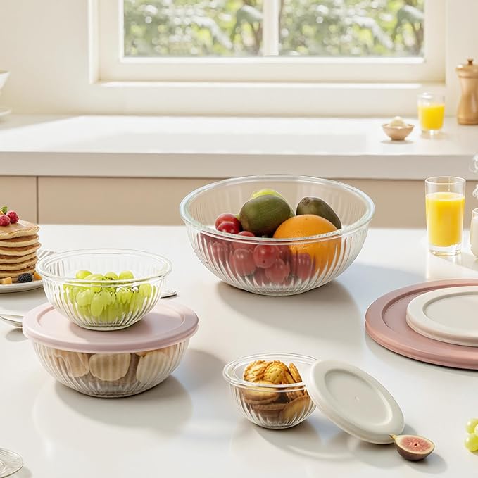 Freshmage Glass Mixing Bowls with Lids Sets, 4 Packs Glass Bowls with Lids for Kitchen Baking, Meal Prepping and Salad, Bpa Free and Dishwasher Safe Serving Bowls, 0.2/0.5/1.1/2.1
