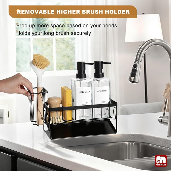 GMISUN Kitchen Soap Dispenser Set, 12 fl oz / 350 ml Dish Soap Dispensers with Sponge Holder, Customized Clear Glass Dish soap Dispenser for Kitchen, Modern Soap Dispensers Set Removable