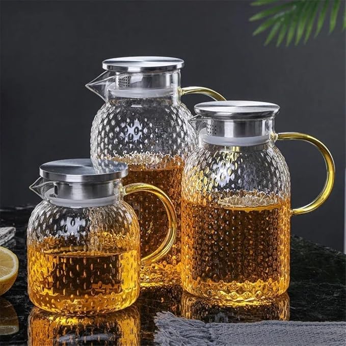 Water Pitcher Glass Water Pitcher with Filter Lid and Pouring Spout Heat Resistant Carafe for Hot Cold Beverages Homemade Ice Tea Bottle Glass Pot(1L)