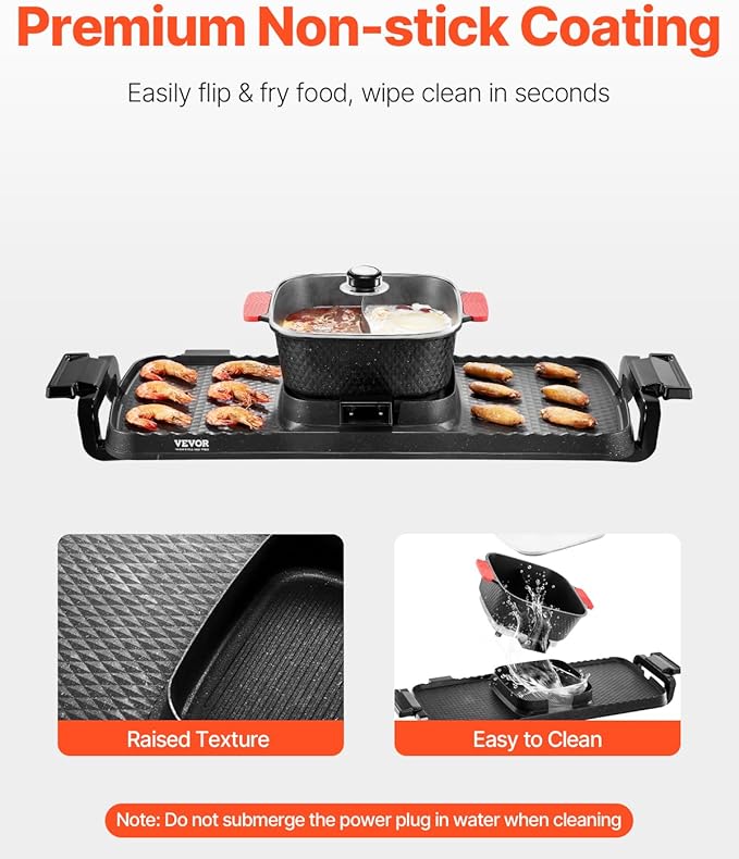 VEVOR Hot Pot with Grill, 2300W 2-in-1 Electric Smokeless Grill and Hot Pot, Removable Shabu-shabu Hotpot with Non-stick Pan, Separate Dual Temperature Control, Indoor Korean BBQ for 1-6 People