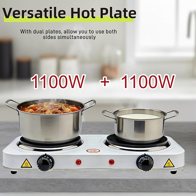 Electric Hot Plate, 2200W Countertop Burner, Cast Iron 2 Burners, Portable Electric Burner Stove, Portable Double Burners for Cooking,Easy to Clean, Black