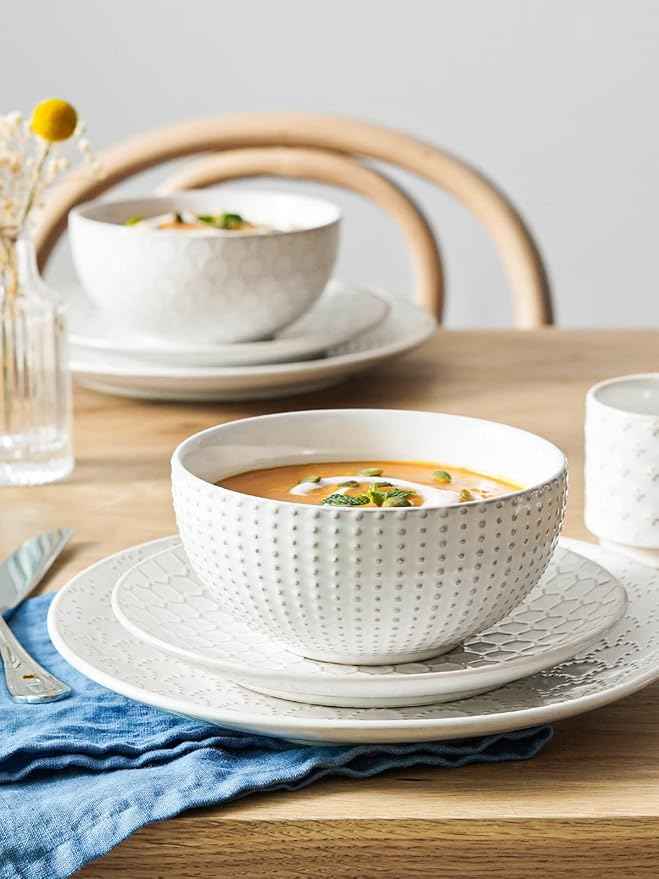 LE TAUCI 16 Piece Dinnerware Set, Arctic White, Stoneware Plates and Bowls With Mugs, Ideal for 4, Serve for 4, Stackable, Lead and Cadmium Free