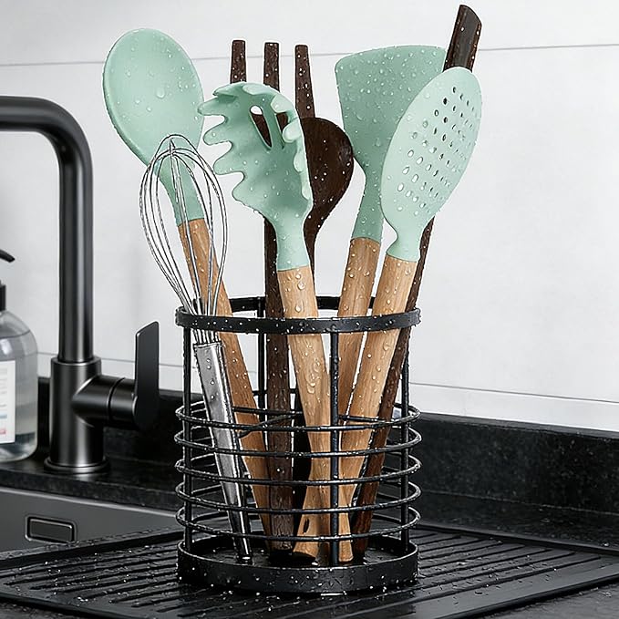 Utensil holder for Kitchen Counter - 5.2" x 5.2" x 6" Large Round Utensils Holder with Wooden Base Matte Black Cooking Utensil Holder，Kitchen countertop Utensil Organizer (Metal-1)