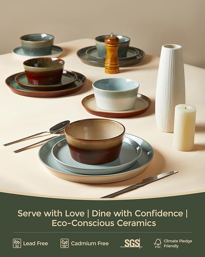 Pokini Plates and Bowls Sets for 4, Ceramic Dinnerware Sets, Kitchen Dish Set, Microwave & Dishwasher Safe Dishware, Highly Durable Hand Glazed Dinner Set, Brown Green