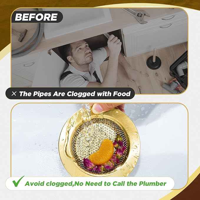 Mudder 3 Pcs Kitchen Sink Drain Strainer and Stopper Stainless Steel Garbage Disposal Plug with Handle Universal Anti-Clogging Kitchen Sink Filter Sieve Basket Strainer(Antique Gold)