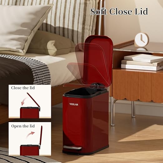 Slim Bathroom Trash Can with Lid, 1.6 Gallon / 6 Liter Stainless Steel Trash Bin, Step Pedal Garbage Cans for Bedroom, Kitchen, Office (Red)
