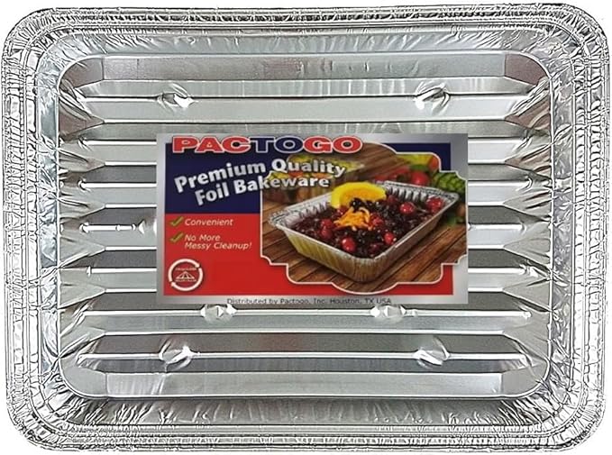 PACTOGO Disposable Aluminum Foil Broiler Pan for Oven - Durable Broiling Drip Trays with Ribbed Bottom Surface for BBQ Grill-Like Texture - 13x9 Inch Pans - REF# 333 (Pack of 25)