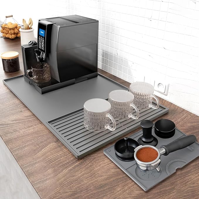 3-Pack Silicone Coffee Mat Set, 24" x 16" Coffee Bar Mat for Countertop with Separable Small Drying Mat and Espresso Tamping Mat, Fit Under Coffee Maker Espresso Machine, Gray