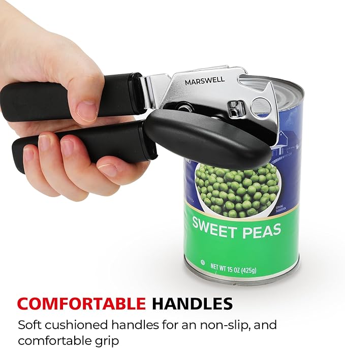 MARSWELL Manual Can Opener with Comfy Grip, Easy Turn Knob & Magnetic Lid Lifter, Smooth Cutting Hand Held Can Opener for Seniors, Arthritis & Weak Hands, Heavy Duty Kitchen Tool, Black