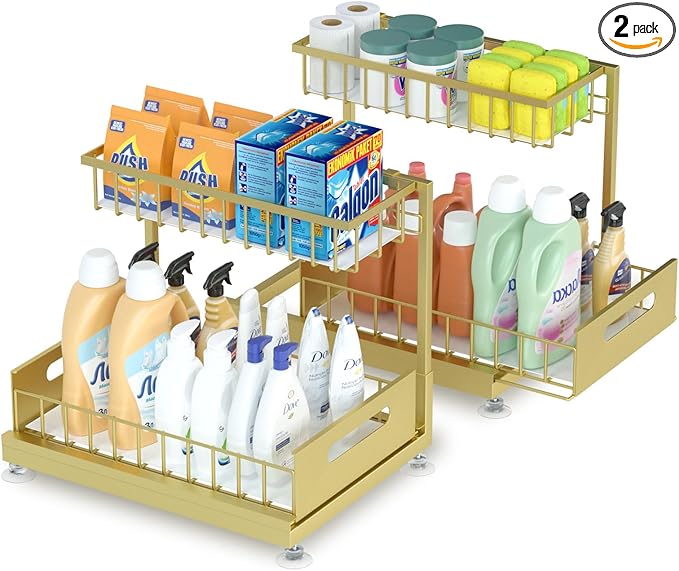 Saydear Under Sink Organizer Storage 2-Tier Premium Metal Pull-Out Kitchen Cabinet Organizer with Sliding Drawer, Height Adjustable, Heavy Duty for Kitchen & Bathroom Organizers 2 Pack Gold
