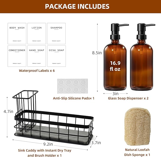 Dish Soap Dispenser for Kitchen, 16.9 fl oz Amber Hand and Dish Soap Dispensers, Kitchen Soap Dispenser Set with Sponge Holder, Brush Holder and Loofah Sponge, Countertop Sink Organizer Accessories