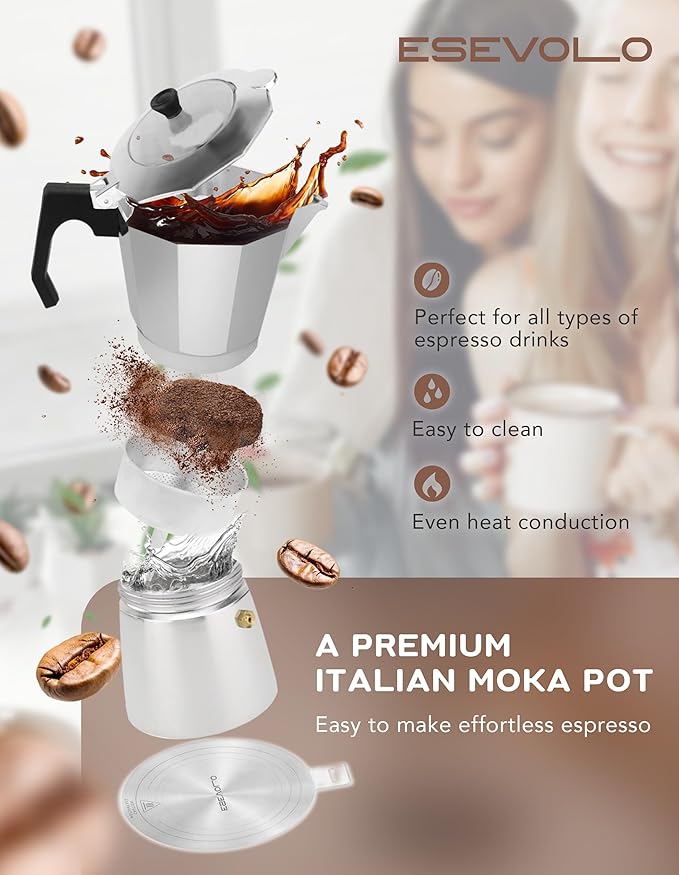 2Pcs - 1 Moka Pot Espresso + 5.5 Inch Stainless Steel Induction Plate Adapter, 6 Cup Aluminium Italian Stovetop Espresso Maker, Transparent Cover, Portable Coffee Maker for Camping