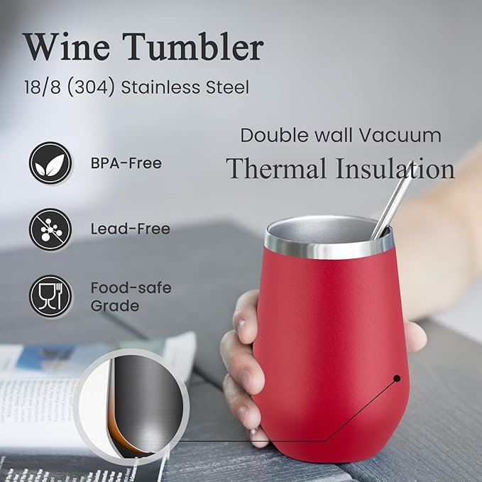 MEWAY Stemless 12oz Insulated Wine Tumbler with Lid and Straw - Double Wall Stainless Steel Thermal Cups for Hot and Cold Drinks, Bridal Shower Prizes for winners(Red,Set of 12)