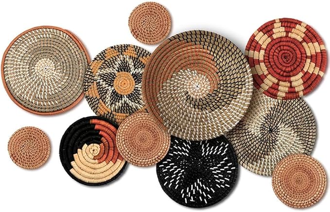Tatuo 11 Pcs Boho Wall Basket Decor Bulrush Woven Wall Hanging Art Round Farmhouse Rustic Handmade Wicker for Summer Home, Bedroom, Living Room, Kitchen Decorations, Multi Sizes(Classic)