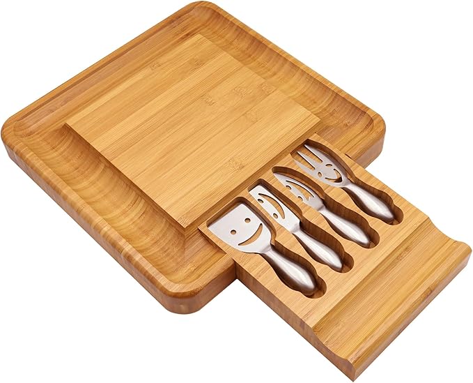 Sarolta Homewares Bamboo Cheese & Sushi Cutting Board and Platter with Brushed Stainless Steel Cutlery Set - Single Set
