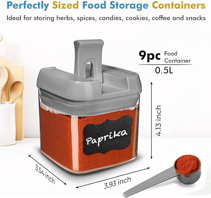 Shazo 9 PC Airtight Food Storage Containers - BPA Free Clear Plastic Snack & Spice Containers with Easy Lock Lids - Kitchen and Pantry Organization for Herbs, Coffee, Tea - 0.5L / 2.1 Cups