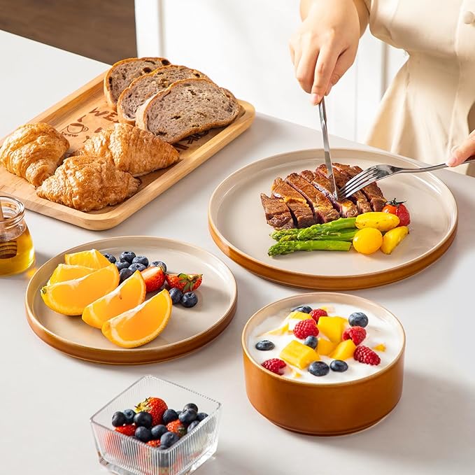 vancasso ONION Ceramic Plates and Bowls Sets, 24 Pieces Grey Dinnerware Sets for Kitchen, Reactive Glaze Dishes Set for 8, Dishwasher and Microwave Safe