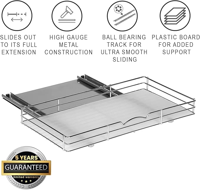 Pull-Out Cabinet Spice Rack Organizer - Slim Slide-Out Storage for Spices, Bottles & Jars, Premium Heavy-Duty Steel, Easy Install for Narrow Kitchen Cabinets - 20 ⅜ W x 10 ½ D x 2 ¾ H, Chrome