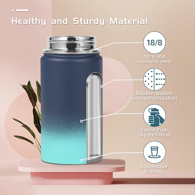 Volhoply 14oz KIds Water Bottle with Straw Lid and Silicone Boot Bulk 2 Pack,Stainless Steel Insulated Cups for Boys & Girls Multipack,Double Wall Vacuum Leakproof Bottles(Blue Green,2)