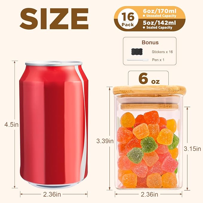 SHOWIN Glass Food Storage Jars Square 6oz, 16 Pack Glass Jars With Bamboo Lids, Kitchen Storage Containers For Spice, Candy, Cookie, Storage For Pantry Organizers