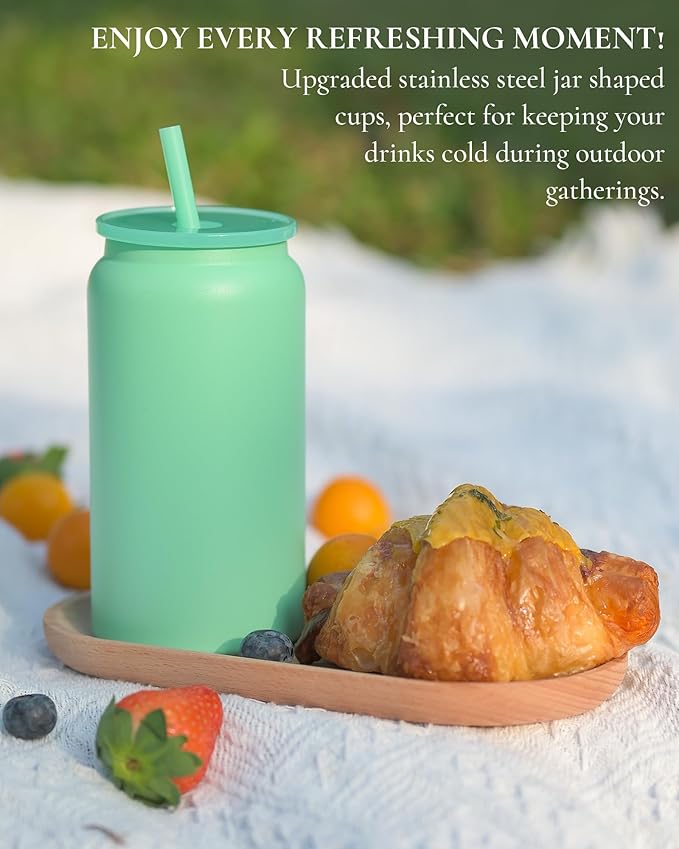 Glass Cups with Lids and Straws, 16oz Stainless Steel, Beer, Iced Coffee, Smoothie, Drinking Cups - Cyan (Textured Matte Finish, Not Sublimatable)