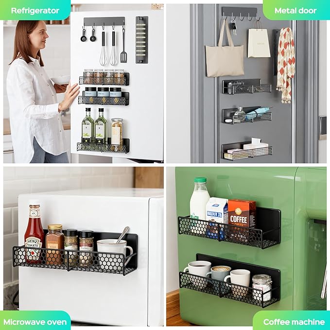 5-Pack Magnetic Shelves for Laundry Room Organization, Strong Hold Refrigerator & Washing Machine Shelves, Includes Spice Rack, Hanger Organizer Stacker & Utensil Hooks, No Drill Installation