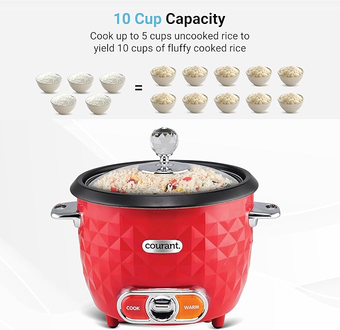 Courant Rice Cooker 10-Cup (Cooked) Steaming basket One-Touch Operation, Automatic Keep Warm Function, red
