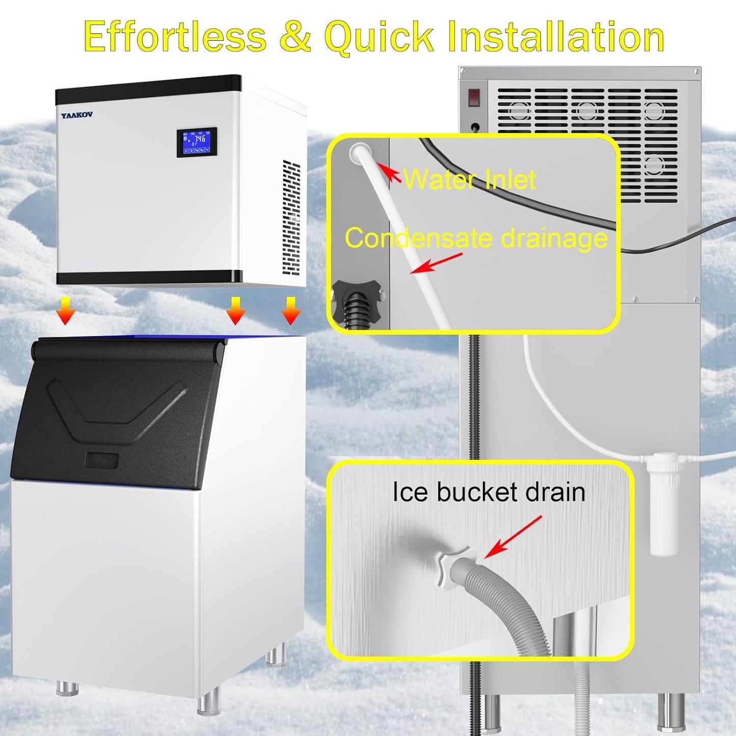 YAAKOV Commercial ice Machine Maker 650LBS/24H Commercial ice Maker Machine with 400LBS ice Maker Commercial Large Storage Bin,Ice Maker Machine Stainless Steel for Bar Cafe Restaurant Bussiness