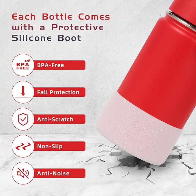 Volhoply 14oz KIds Water Bottle with Straw Lid and Silicone Boot Bulk 6 Pack,Stainless Steel Insulated Cups for Boys & Girls Multipack,Double Wall Vacuum Leakproof Bottles(Red,6)