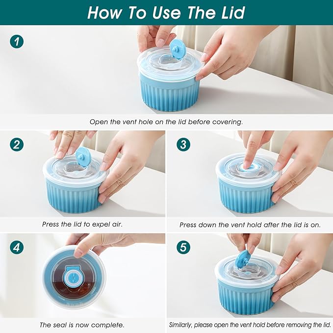 vancasso 8 oz Ramekins with Lid, Porcelain Creme Brulee Souffle Dishes, Blue Pudding Custard Cups Ramiken for Baking, Dishwasher and Oven Safe, Set of 6