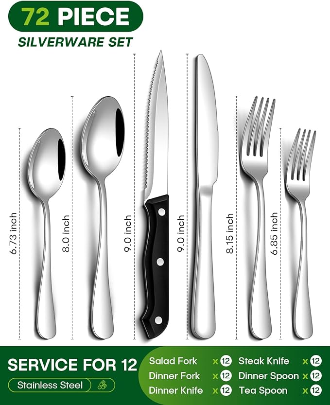 PHILIPALA 72 Pcs Silverware Set with Steak Knives Food-Grade Stainless Steel Flatware Set for 12 Mirror Cutlery Include Forks Spoons and Knives Set Dishwasher Safe Utensil Sets for Home Restaurant