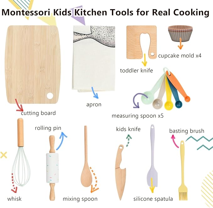 14 Pack Kids Kitchen Tools Set for Real Cooking Montessori Kids Knife and Cutting Board Set Safe for Kids and Toddlers Baking Set Kitchen Accessories