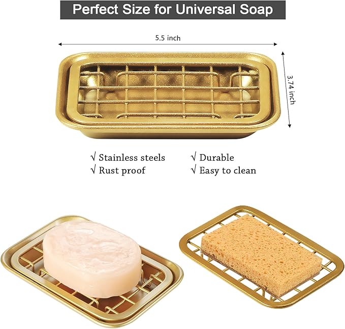 SheeChung 2 Pack Vintage Farmhouse Decor Metal Vanity Tray and 2 Pack Bathroom Soap Dishes Tray with Drain Metal Sponges Scrubber Holder Bar Soap Dispenser Saver - Gold