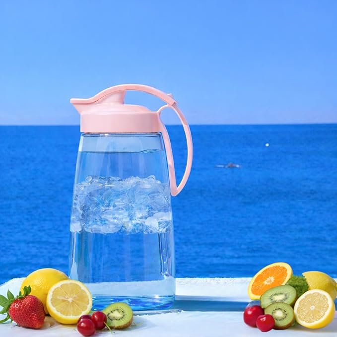 Airtight Beverage Pitcher with Lid for Drinks, Slim 74 oz (2.3 Qt) Tea Juice Water Jug, Leakproof Easy Pour Spout Refrigerator Container, BPA-Free SAN Plastic, Made in Japan (Pink)