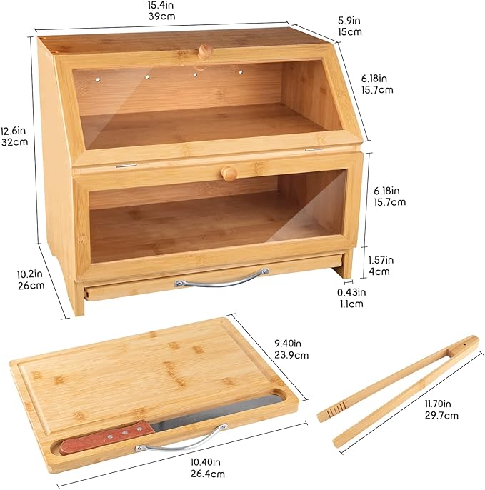 MAISONPEX Double Layer Bamboo Bread Box for Kitchen Countertop, Cutting Board, and Stainless Steel Bread Knife, Large Capacity Storage Container with Clear Windows (Self-Assembly)