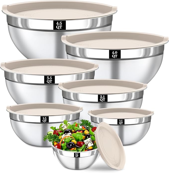 Mixing Bowls with Lids Set - 7PCS Nesting Mixing Bowls, Lids, Stainless Steel Mixing Bowls for Mixing, Baking & Meal Prep, Dishwasher Safe, Size 0.7/1.1/1.5/2.1/3.5/4/4.5 QT, Khaki