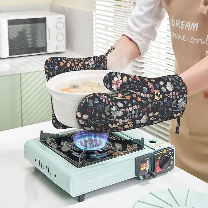 Watercolor Wild Flowers Oven Mitts and Pot Holders Sets Silicone Wildflower Kitchen Oven Mitts Hot Pads Heat Resistant Vintage Floral Potholders Kitchen Mitts Set for Baking BBQ Cooking