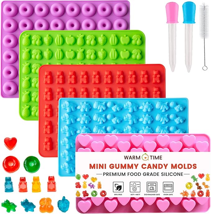 WARM TIME Gummy Bear Candy Molds Silicone, Mini Gummy Molds with 2 Droppers & 1 Cleaning Brush, Food Grade Non-Stick Silicone Molds Including Heart, Dinosaur, Bear, Donut, and Fruit, Set of 5